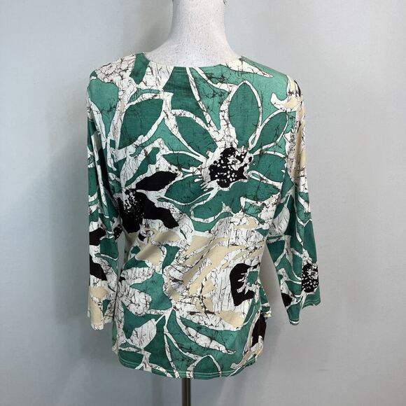 Coldwater Creek Blouse Top size Large Green Tan Floral Tropical Jersey Stretch - Picture 5 of 6